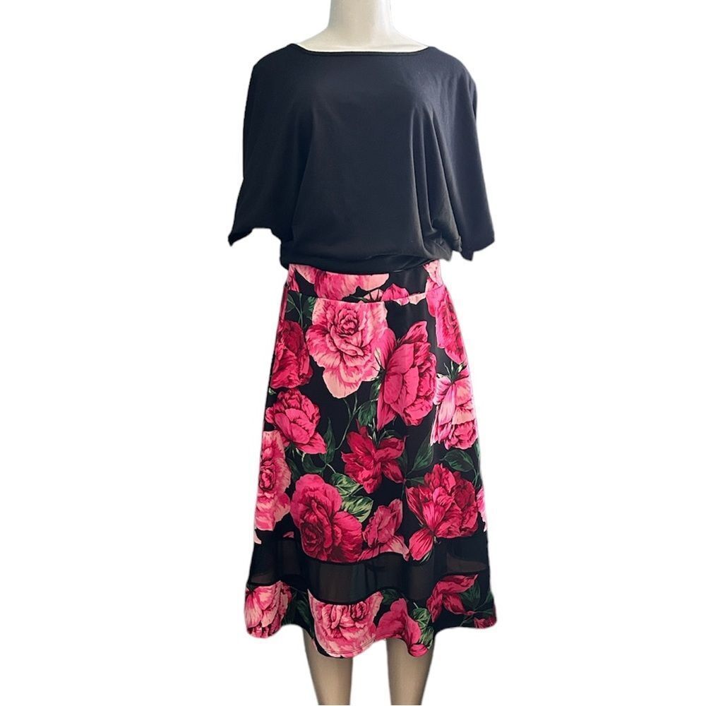 Floral Pink and Black Roses Print Florals Mesh Sheer Panel Skirt Size XL Junior